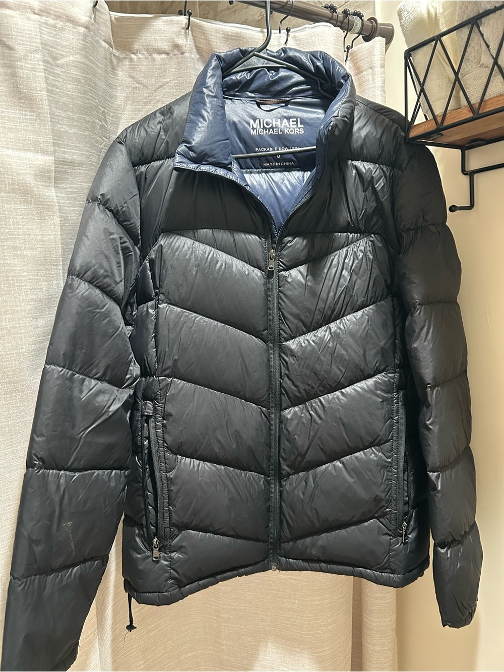 Michael Kors Men's Black Packable Puffer Jacket with Navy Lining